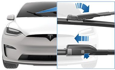 雨刮器片特写,一个箭头指向锁片,另一个箭头指示拉开